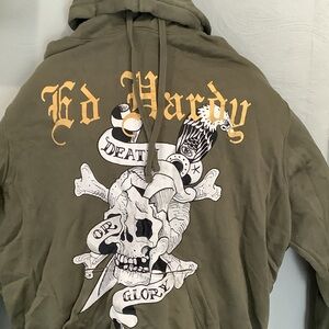 Men’s Size XXL Ed Hardy Olive Hoodie with Skull and Text